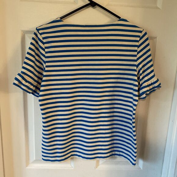 J. Crew Women’s Medium Blouse Top Short Sleeve Ruffled Striped Round Neck - Picture 5 of 10